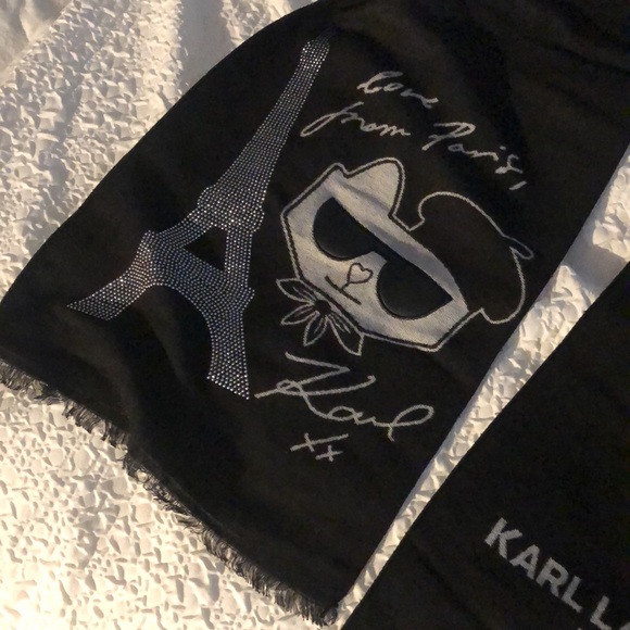 Karl Lagerfeld Black & Gray Rectangular Scarf Studded Eiffel Tower & Choupette - Picture 11 of 16